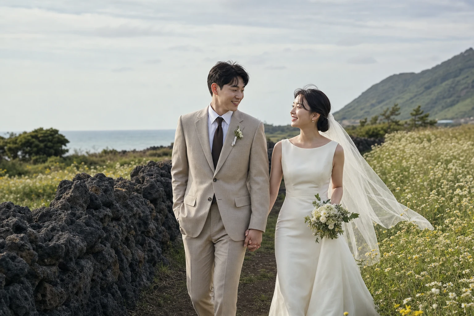 돌담과 들꽃 사이를 걷는 두 사람의 제주 야외 웨딩사진 예시