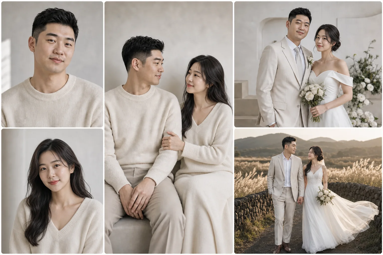 두 사람의 인물 사진이 화이트 스튜디오와 제주 야외 웨딩스냅으로 이어지는 예시