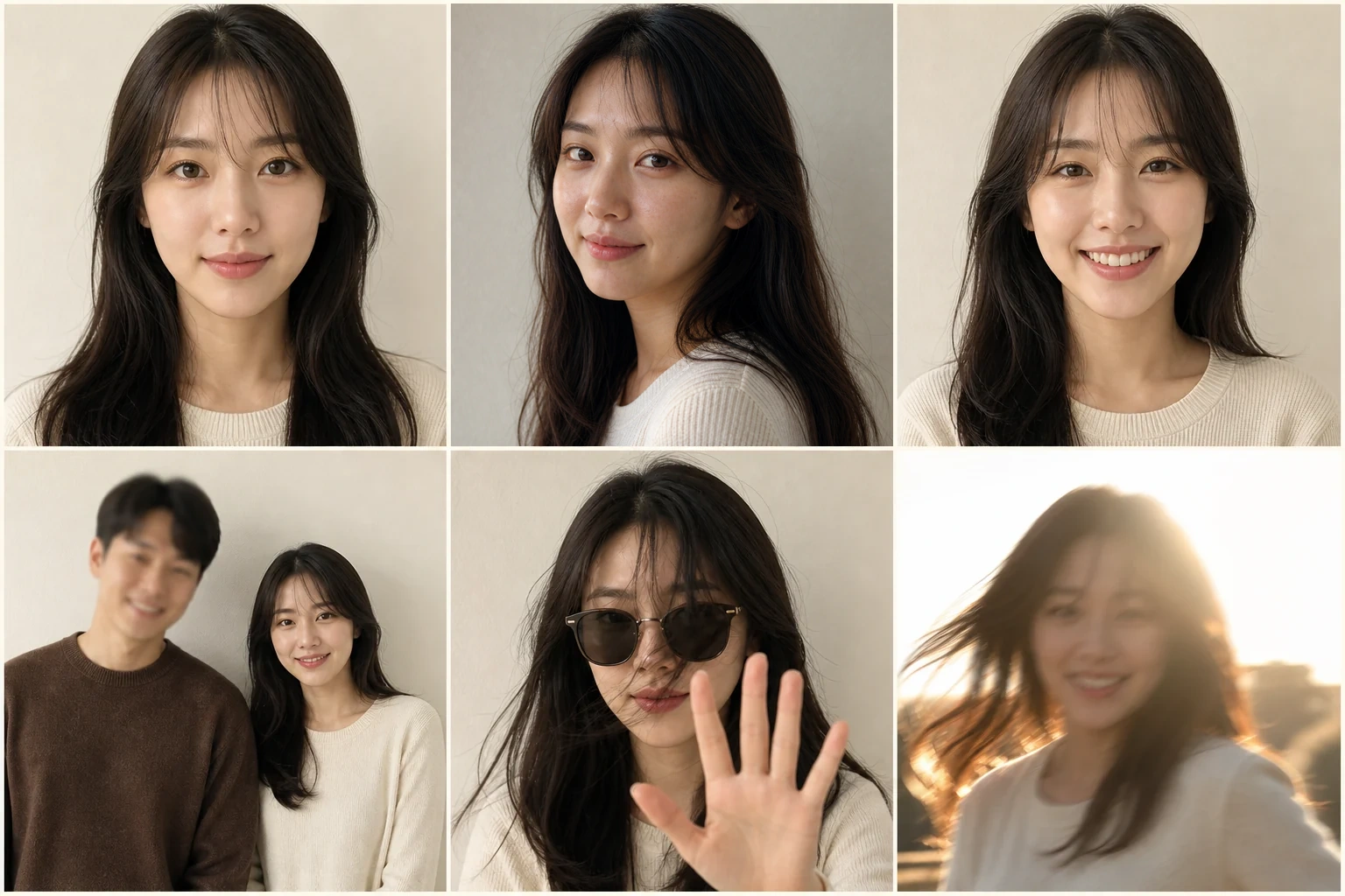 여성 사진 예시 모음. 위에는 정면, 살짝 비스듬한 각도, 미소 짓는 사진이 있고 아래에는 두 사람이 함께 나온 사진, 선글라스와 손으로 얼굴을 가린 사진, 뒤에서 빛이 들어오며 흐릿하게 찍힌 사진이 있어요.