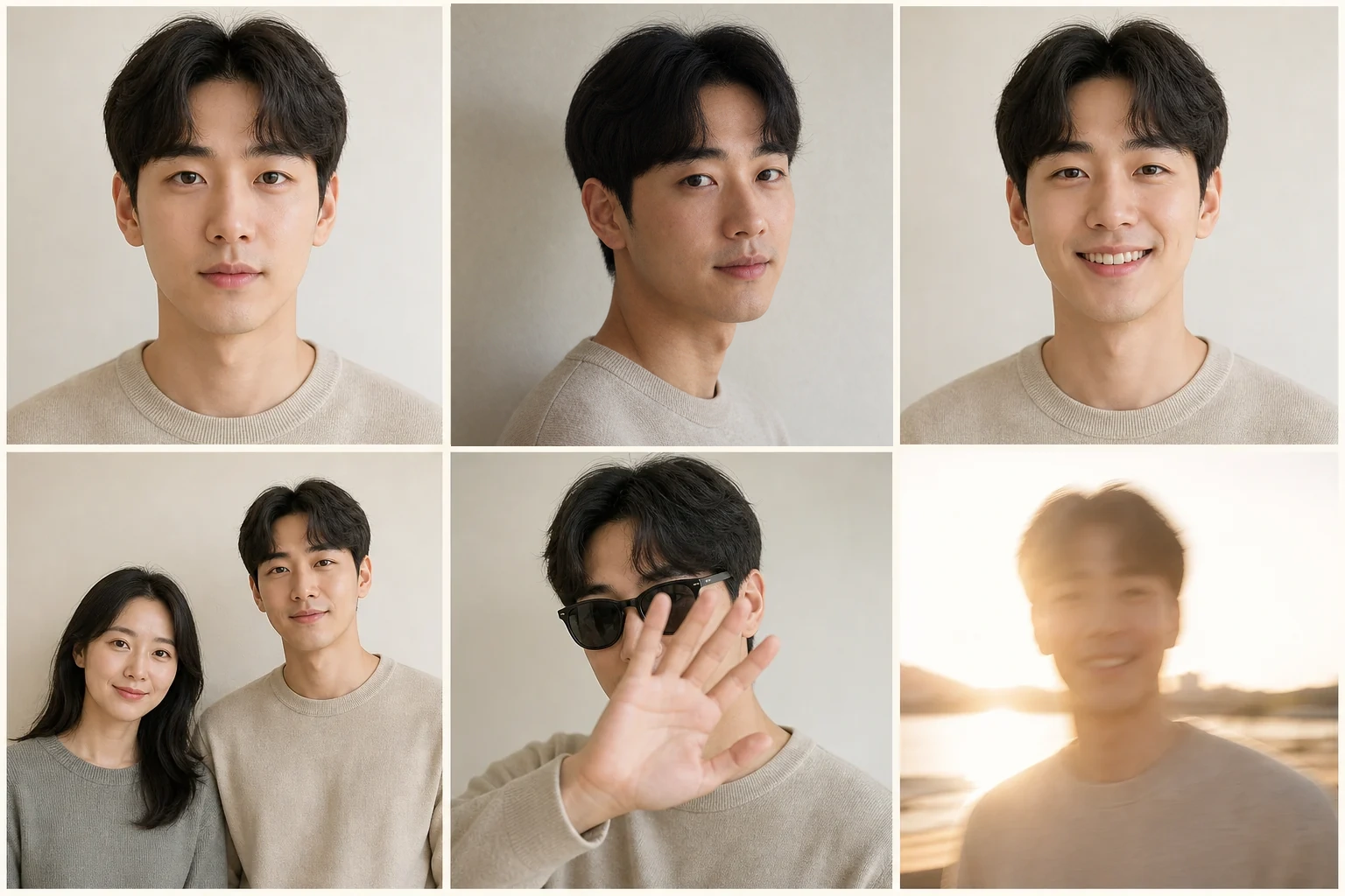남성 사진 예시 모음. 위에는 정면, 살짝 비스듬한 각도, 미소 짓는 사진이 있고 아래에는 두 사람이 함께 나온 사진, 선글라스와 손으로 얼굴을 가린 사진, 뒤에서 빛이 들어오며 흐릿하게 찍힌 사진이 있어요.